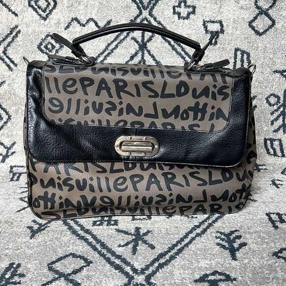 Large Faux Leather Black Purse handwritten Lettering Metal Clasp - Picture 1 of 8